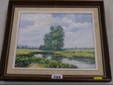 SYDNEY RESTALL oil on board - river scene with tall trees to the background, signed, 19 x 24 cms