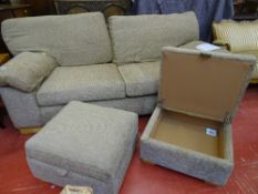 Fine oatmeal effect two seater sofa bed with a pair of matching footstools
