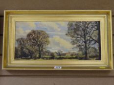 FRANK EDWARDS oil on board - woodland scene with red roofed farmhouse in the background, signed,