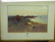 MAUD SALMON watercolour - Welsh rocky coastalscape with yacht, signed, 29 x 44 cms