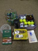 Lidded jar containing large quantity of marbles and a parcel of golfing related items etc