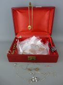 Modern jewellery box containing a quantity of yellow and white metal pendant and other necklaces