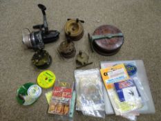 Tray of various aged fishing reels and associated items