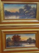 Pair of early 20th Century oils on board - riverside sunset scenes, 17 x 40 cms