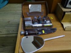 Vintage cased gent's vanity case, sheathed hunting knife etc