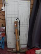Bundle of garden tools including pickaxe, sledgehammer etc and a Pacemate table