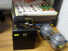 Pewter milk jug and basin, lacquered jewellery box and a parcel of LP box sets and records including