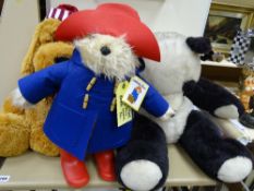 2012 Rainbow Designs Paddington Bear in hat, duffle coat and Wellington boots, a vintage panda and a