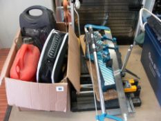 Mitre saw, tile cutter and a box of other garage items