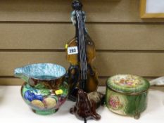 S Hancock & Sons fruit decorated jug, a music box ceramic decanter in the form of a cello, a ceramic