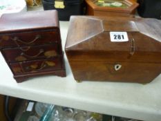 Vintage tea caddy and an Oriental style jewellery box
