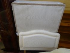 Good modern divan bed base with light coloured upholstered headboard (4ft)