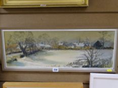GRAHAM 1981 oil on board - village scene in winter time, 20 x 59 cms