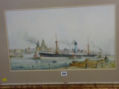 T H DRINKWATER coloured print - the SS Atreus and other shipping in the Mersey with Liver