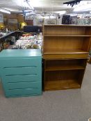 Two open bookcases and a green painted chest of drawers (displayed downstairs)