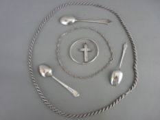 Hallmarked silver chased decorated cross, a 925 stamped bangle and rope twist necklace, three silver
