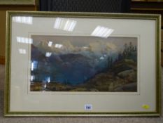 Unknown artist watercolour - initialled and dated 'J W S, '77', alpine scene, 23 x 45 cms