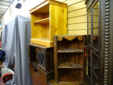 Modern pine single shelf open bookcase, a stained hanging corner cupboard and a leaded glass two