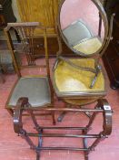 Oval swing toilet mirror, stained wood towel airer, salon chair and a single drawer sofa table