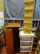 Two light wood effect modern breakfast stools, CD racks etc