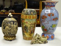 Two Oriental ceramic vases, a soapstone incense burner and a composition storage vessel and cover