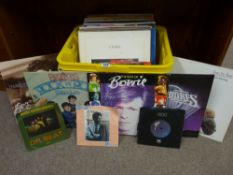 Tub of contemporary vinyl records, 45rpm and LPs including Bowie, Everley Brothers, The Beatles etc