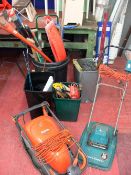 Enormous parcel including three plastic bins of garden and garage items and two lawnmowers (large