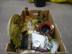 Box with commemorative Bells Whisky bottles, Bossons plaque, pewter ware, Crown Derby etc