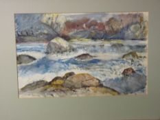 E HOLLAND watercolour - river rapids, 35 x 53 cms