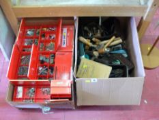 Two boxes containing good garage tools including old chisels etc and another box of garage