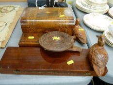 Good parcel of treen ware including marquetry workbox, folding carved tables, stationery box etc