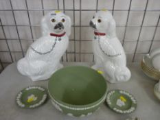 Green Wedgwood Jasperware pedestal bowl, other Wedgwood Jasperware and a pair of Staffs style dogs