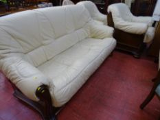 Excellent wooden based leather effect cream three piece suite comprising three seater sofa and two
