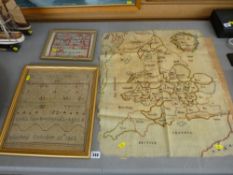 Two children's samplers dated 1853 and 1885 and an unframed tapestry map of the UK