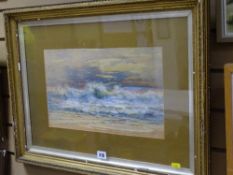 NORMAN PARSONS watercolour - breaking waves under a sunset sky, 24 x 40 cms
