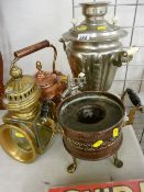 Brass coaching lamp, white metal tea urn, copper kettle etc
