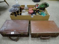 Two small vintage gent's leather suitcases and a box of miscellaneous items including treen ware,