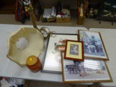 Corinthian column brass table lamp and shades, prints etc