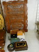 Parcel of tins, boxes, jewellery boxes and a fretwork panel depicting 'The Lord's Prayer'