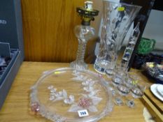 Glass oil lamp with twist column, Galileo thermometer, heavy based glass vase and other glassware