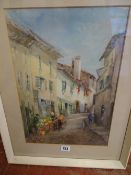 V DICK CUNYNGHAME (Scottish) watercolour - cobbled street scene with traders, 38 x 26 cms