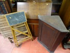 Single drawer bureau with twin base cupboards, a dark wood wall hanging corner cupboard, a folding