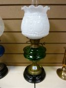 Victorian oil lamp with good white glass shade and green glass reservoir