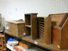 Old wooden till and a quantity of treen paper racks