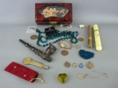 Oriental style jewellery box with medallion and jewellery contents, vintage carved pipe and a