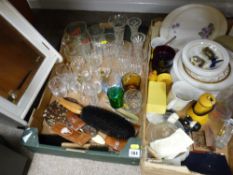 Two boxes of mixed crockery and miscellaneous items and a bevelled glass fronted bathroom cabinet