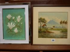 K NOW watercolour - worker in a rice field, 23 x 26 cms and another Oriental still life painting