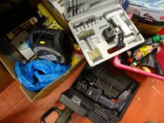 Box of garage items including cased screwdriver set, cased 12v cordless drill and tub of various