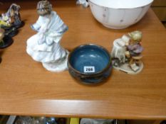 Small pottery bowl, Goebel figure and a Coalport lady