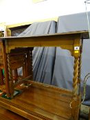Polished wood square topped hall table with twist supports on beaded stretcher